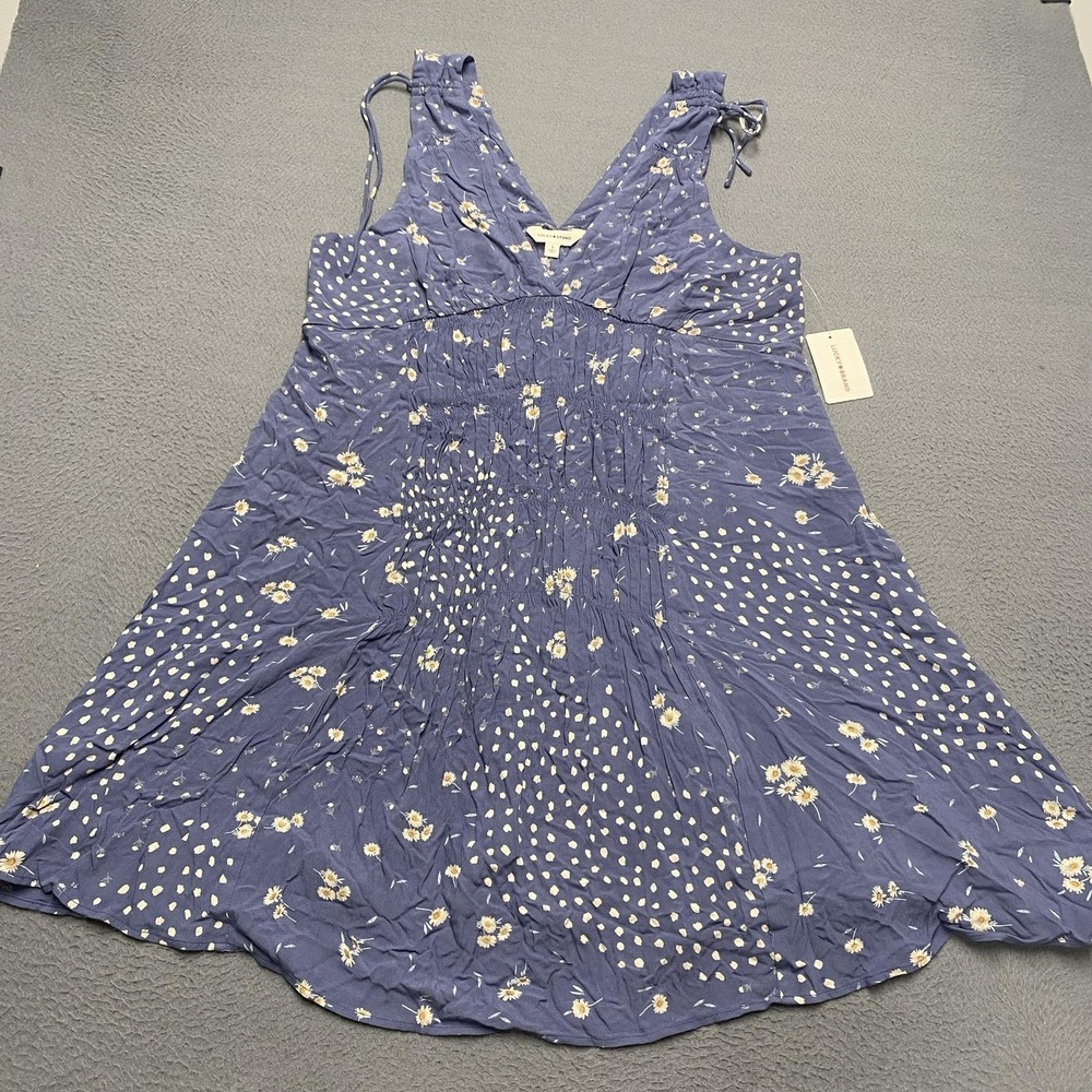 Lucky Brand Dress Womens‎ Large Blue Floral Sundress V Neck Tie Straps Summer